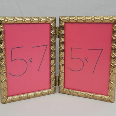 Vintage Hinged Double Picture Frame - Unusual Chunky Design - Gold Tone Metal w/ non-glare Glass - Holds Two 5" x 7" Photos - 5x7 Frames 