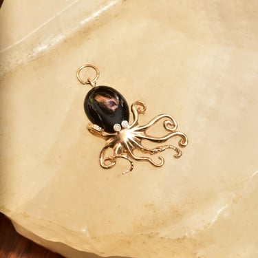10K Black Coral Diamond Eye Octopus Pendant, 3D Yellow Gold Octopus Pendant, Aquatic Jewelry, 38mm 