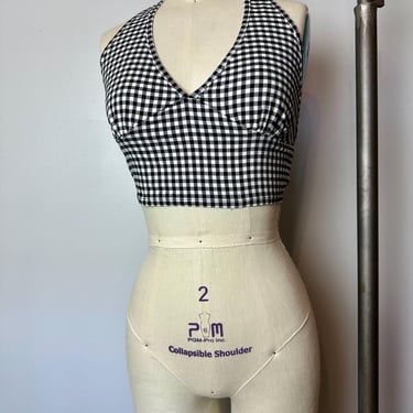 Gingham Halter top~ crop top~ black & white micro checker print~ ties in back~ 1950’s inspired y2k trend/ size L 