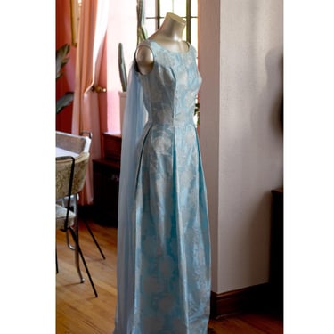 Vintage Hostess Dress, Evening Gown With Cape - 1950s, 1960s - Light Blue, Silver, Floral, Jacquard - Mad Men, Betty Draper 