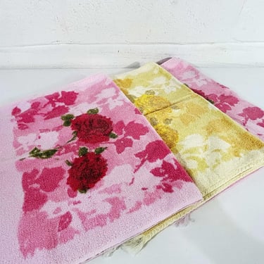 Vintage Hand Towel Set of 3 Bathroom Decor Pink Yellow Roses Floral Flowers Towels Cannon Cottagecore Grannycore 60s 1960s 