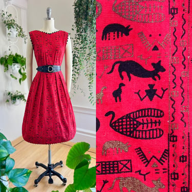 Vintage 1950s Sundress | 50s Egyptian Hieroglyphics Novelty Print Cats Animals Red Cotton Ric Rac Metallic Fit Flare Day Dress  (x-small) 