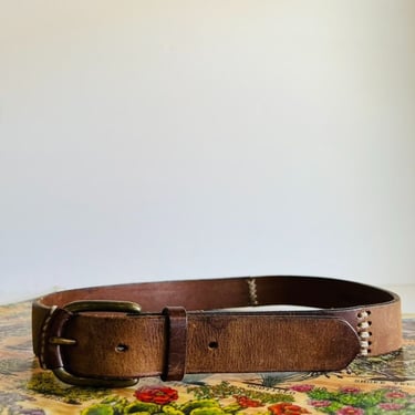 Vintage Brown Stitched Patchwork Genuine Leather Belt - M 