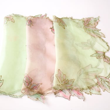 Art Nouveau French Silk Chiffon Hand Dyed Ladies Handkerchiefs Matching Set of Three - Victorian Pocket Squares - 7.5" x 7.5" 