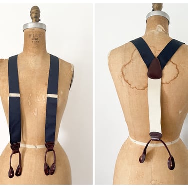 Vintage ‘80s ‘90s Brooks Brothers suspenders or braces, made in England | navy blue web, cordovan genuine leather, adjustable 