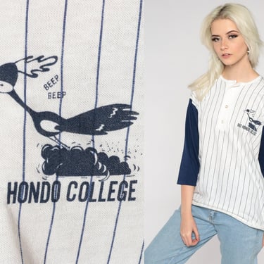 Rio Hondo Baseball Shirt 80s 90s Whittier College Henley Tshirt Roadrunner Striped Blue White 3/4 Sleeve T Shirt 1980s Vintage Medium Large 