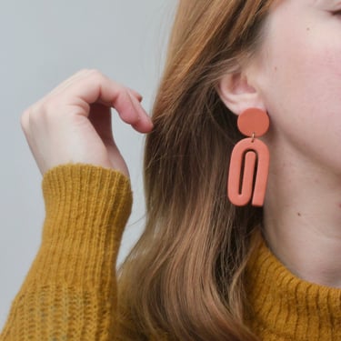 Terracotta Red Abstract Statement Earrings / Polymer Clay Funky Jewelry 
