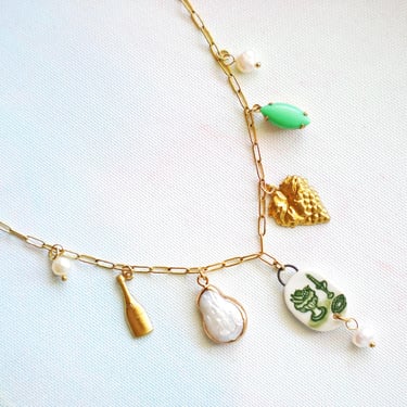 Romantic Table Setting Charm Necklace, Hand Painted Porcelain Charm, Elegant Pearl Necklace, Unique Handmade Jewelry, Vintage Brass Charms 