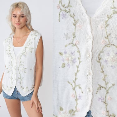 Floral Sweater Vest 90s White Knit Vest Top Pearl Beaded Embroidered Flower Button up Shirt Retro Sleeveless Cotton Vintage 1990s Medium M 