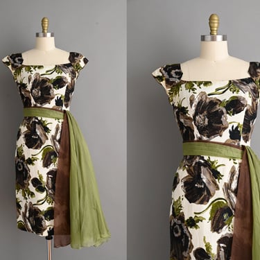 vintage 1950s Dress | Outstanding Brown Floral Cocktail Party Wiggle Dress | Medium Large 