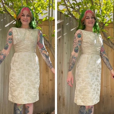 Vintage 1950’s Cream Dress with Satin Brocade Floral Fabric 