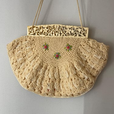 1960s Crochet Handbag with Carved Bakelite Handles Clutch Purse Ivory White Pink 