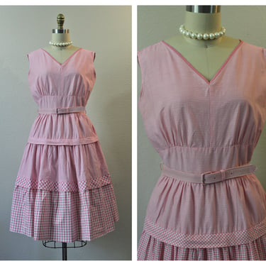 Vintage 1950s Shelby Pink White Gingham Picnic Check tiered circle skirt Cotton Summer Dress  // Modern Size US 6 8 Small Med 
