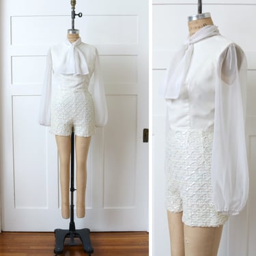 vintage 1960s 70s white go-go romper • amazing chiffon & sparkle sequin shorts one-piece 