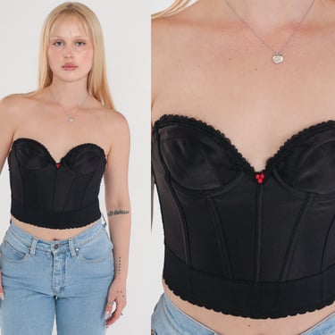 Black Bustier Corset 80s Lingerie Bra Top Boned Strapless Sweetheart Neckline Low Back Rosette Scalloped Vintage 1980s 34a Extra Small xs 