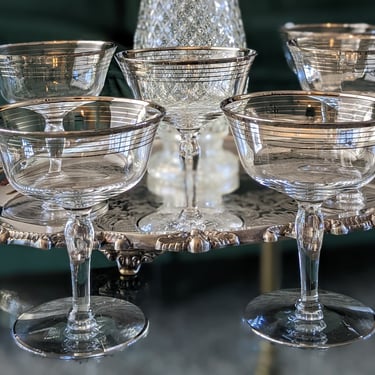 Vintage Coupe Glass Set of 6 / Silver Rim Champagne Glasses / Mid Century Cocktail Glasses for Dinner Party and Celebration 