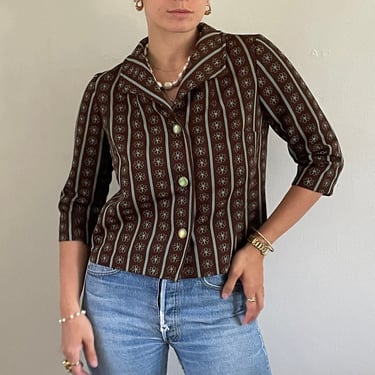 60s polyester cropped blazer / vintage brown and mint striped flower cropped fitted hand made polyester double knit blazer | Medium 