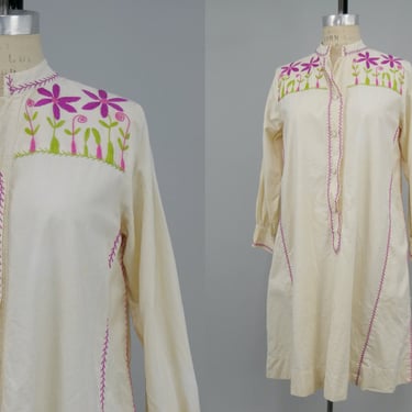 Vintage 1970s Josefa Cream Embroidered Mini Dress, 70s Embroidered Josefa Diseños, Vibrant Mexican Dress, Folk Style, Size Medium by Mo