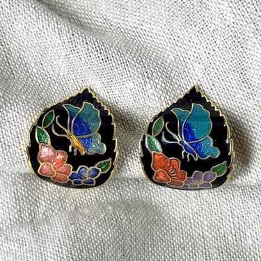 Leaf-shaped cloisonné clip on earrings - 1980s vintage 