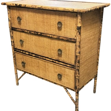 Restored Aesthetic Movement Tiger Bamboo Dresser with Rice Mat Tops and Drawers 