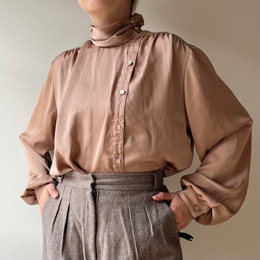 Original 80s High Neck Silky Blouse Mauve Pink Beige Size M EU40 