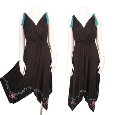 70s glitter disco dress M / 1970s vintage slinky kerchief hem black dress Norman Berg sz 6 