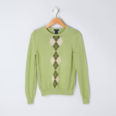 Vintage 90s Light Green Argyle Cotton-knit Sweater - preppy, nineties, tennis - Women's S 