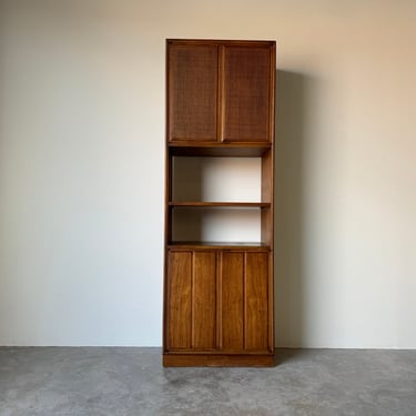 70's Mid Century Founders - Style Pecan and Cane Display Cabinet  Shelf 