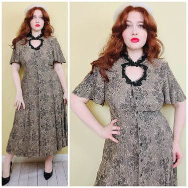 1980s Lady Dorby Brown and Black Damask Print Lace Up Dress / 80s Tapestry Floral Flutter Sleeve Cut Out Neck Button Dress / XL 