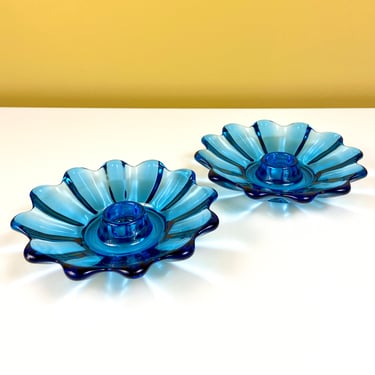 Pair of Blue Glass Candle Holders 