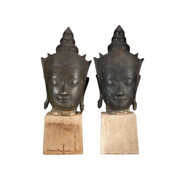 Pair of Antique Thai Ayutthaya Period Bronze Crowned Buddha Head Sculpture Statue Mounted on Wooden Stands 17th / 18th Century 