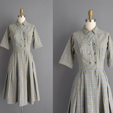 1950s vintage dress | Green & Blue Plaid Print Cotton Shirtwaist Day Dress | XS | 50s dress 
