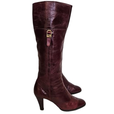 1970s Barefoot Originals Knee High Burgundy Leather Stacked Heel Boots I Sz 10 I Made in Spain 