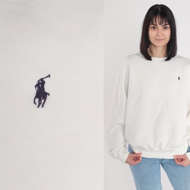 Ralph Lauren Sweatshirt 90s White Polo Sport Pullover Crewneck Sweater RLP Pony Logo Shirt Basic Streetwear Plain Retro Vintage 1990s Medium 