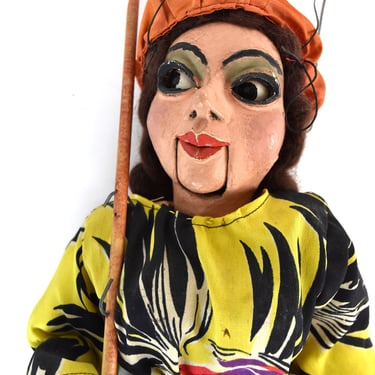 1930’s Hand Made Puppet Revolutionary Woman in Beret Rayon Dress Holding Knife 