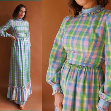 Vintage 70s Miss Dior Candy Plaid Maxi Dress/ 1970s Mock Neck Long Sleeve Pastel Dress/ Size XS Small 