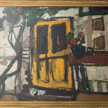 Illegibly Signed Yellow Door Oil on Paper