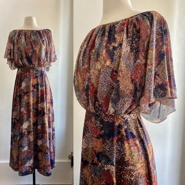 Classic Vintage 1970's BOHO MAXI Dress / Sheer Split Sleeves / Floral Patchwork Pattern 