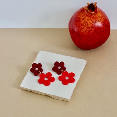 Retro Style Earring / Large Red Clay Flower Statement Earrings  / Gifts for Her 