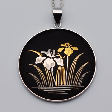 60's Amita silver & gold iris nielloware pendant, Japanese niello 925 sterling silver floral necklace 