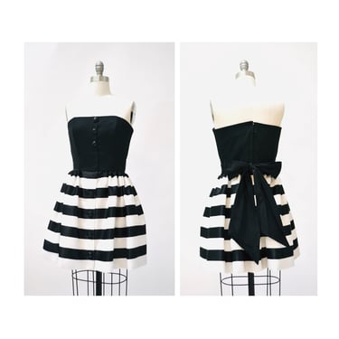 Vintage 90s Strapless Party Dress Small Victor Costa Black white striped Party Dress// 90s 2000s Black White strapless cocktail party dress 