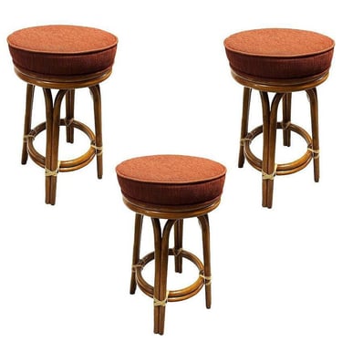 Restored Rattan Double Stand Arched Barstool w/ Red seat, Set of 3 