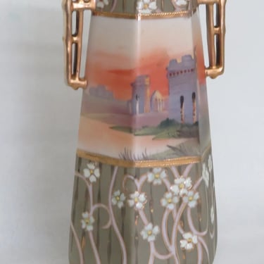 Nippon Hand Painted Hexagonal Vase with Two Gilded Handles 2954B
