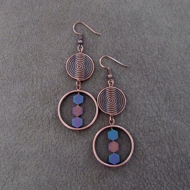 Copper geometric industrial earrings multicolor, hexagon 2 