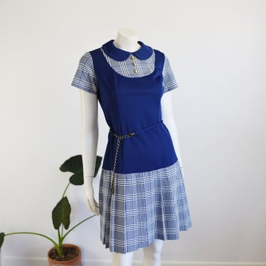 1960s Drop Waist Plaid Dress with Chain Belt - S 