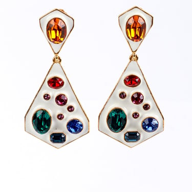 White Enamel & Crystals Geo Drop Earrings