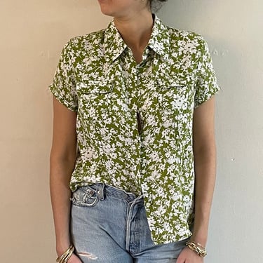 90s linen blouse / vintage olive moss green wallpaper floral short sleeve pocket cropped blouse shirt | Medium Large 