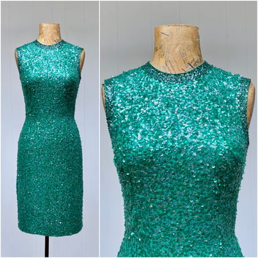 Vintage 1960s Green Sequin Cocktail Dress, Ruth McCullough Sleeveless Iridescent Emerald Beaded Silk Sheath, Extra Small 33