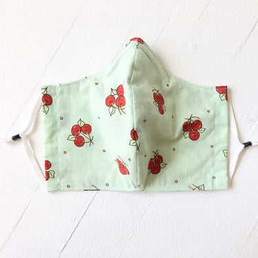 Cherry Print Mask, Large Adult Mask, Cotton Men's Mask, Mint Green + Red, Reversible, Adjustable Ear Loops, Machine Washable, Handmade In US 