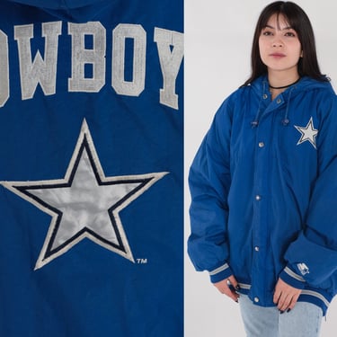 Dallas Cowboys Jacket 90s Football Hoodie NFL Hooded Starter Puffer Jacket Snap Up Texas Sports Streetwear Coat Blue Vintage 1990s Mens XL 